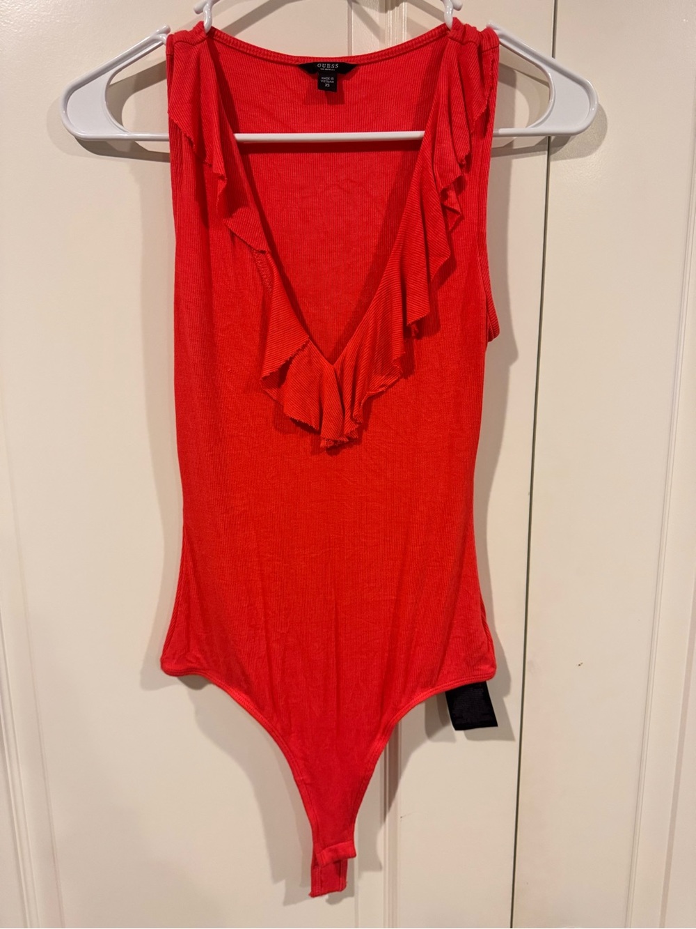 Guess Red Ruffle V-Neck One Piece Bodysuit S